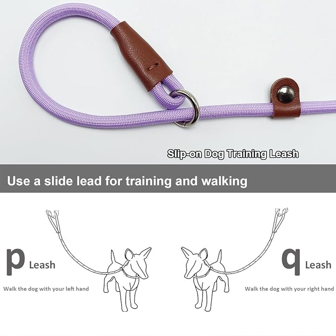BTINESFUL 7FT Slip Lead Dog Leash, 1/4" Nylon Rope Dog Training Leash for Small Medium Dogs Outdoor No-Pull Walking, Behavior Training, Purple