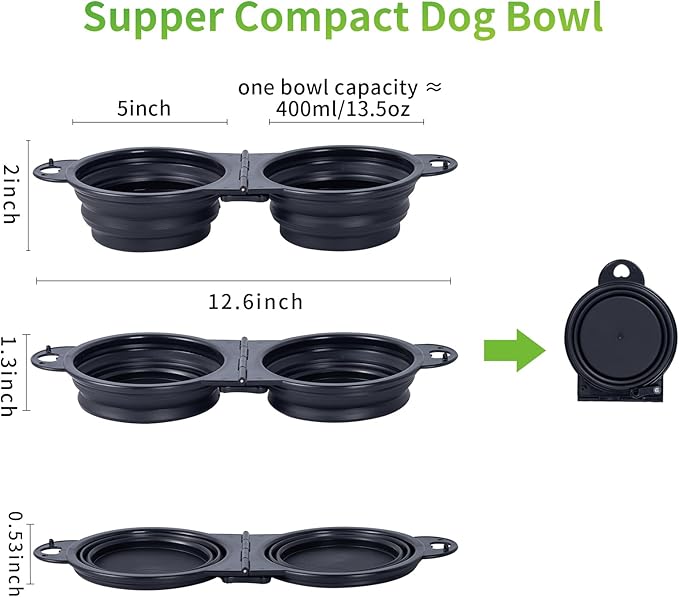 SLSON Collapsible Dog Dual Bowls Reinforced Rim 180 Degrees Flip Over Foldable Double Bowl with Lock Clips More Stable Dog Travel Bowls Pet Food Water Feeder (Black)