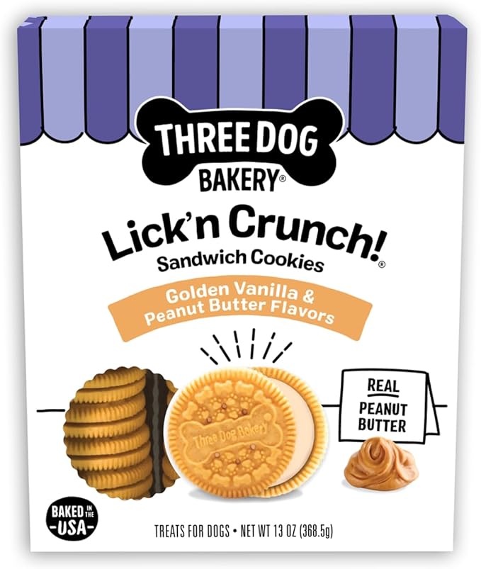Three Dog Bakery Lick'n Crunch! Golden & Peanut Butter Dog Sandwich Cookies - Crunchy Vanilla & Creamy Peanut Butter Flavored Dog Treats, Cookies for Dogs, Dog Birthday Cookies, Dog Training Treats