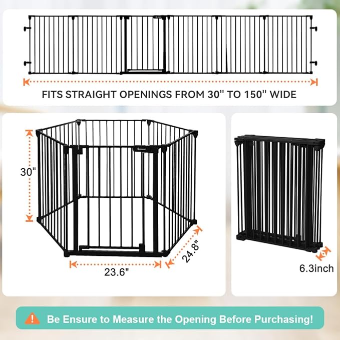 COMOMY 150" Extra Wide Baby Gate with Door, Dog Gates for The House Doorways Fireplace, Auto Close Baby Fence Play Area, Walk Through Pet Gate, Hardware Mounted, 6-Panels (30" Tall, Black)