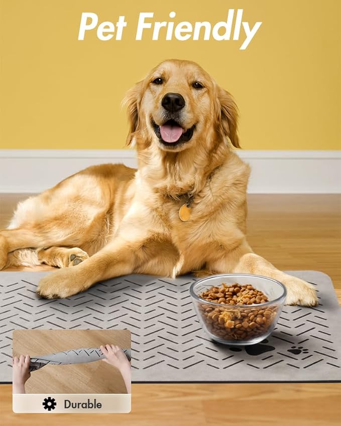 MontVoo-Absorbent Pet Feeding Mat-No Stains Quick Dry Dog Mat for Food and Water Bowl-Rubber Backing Dispenser Mat Accessories Supplies-Dog Bowl Messy Drinkers,(Light Grey,17"x28")