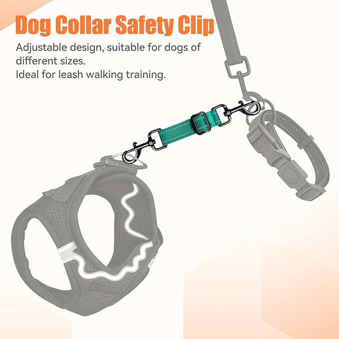 Dog Collar Safety Clip, Reflective Double-Ended Backup Connector for Harness to Collar, Adjustable Safety Clip for Prong, Pinch Collars, Prevents Escapes & Accidental Disconnection