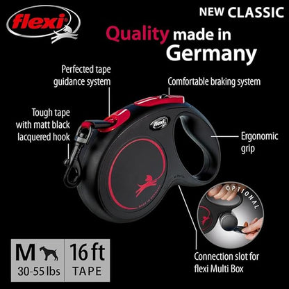 FLEXI New Classic Tape Retractable Dog Leash for Medium Dogs Upto 30-55 lbs. – 16 ft., Black Red |Tangle Free Pet Walking Leash with One-Handed Brake, Pause, Lock |German Quality Product