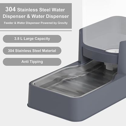 Stainless Steel Cat Feeder and Water Dispenser,Gravity Waterer & Food Feeder Set with Stainless Steel,Large Capacity Pet Food Bowl for Small Medium Dog Pets Puppy Kitten(Grey,1 Gallon)