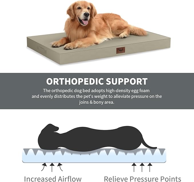 Outdoor Dog Bed for Small Dogs & Cats, Waterproof Dog Crate Mat Orthopedic Egg Crate Foam with Washable Removable Oxford Cover, Khaki