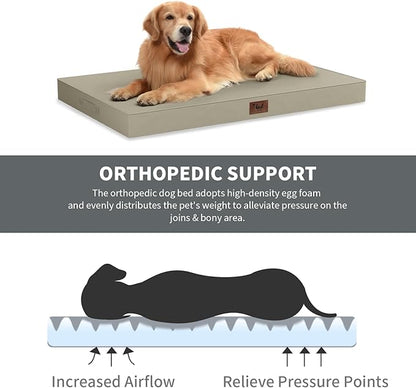 Outdoor Extra Large Dog Crate Bed, XXL Waterproof Dog Bed for Giant Breeds Dogs, 47x29 Inch Orthopedic Egg Crate Foam Pet Mat with Removable Cooling Cover, Khaki