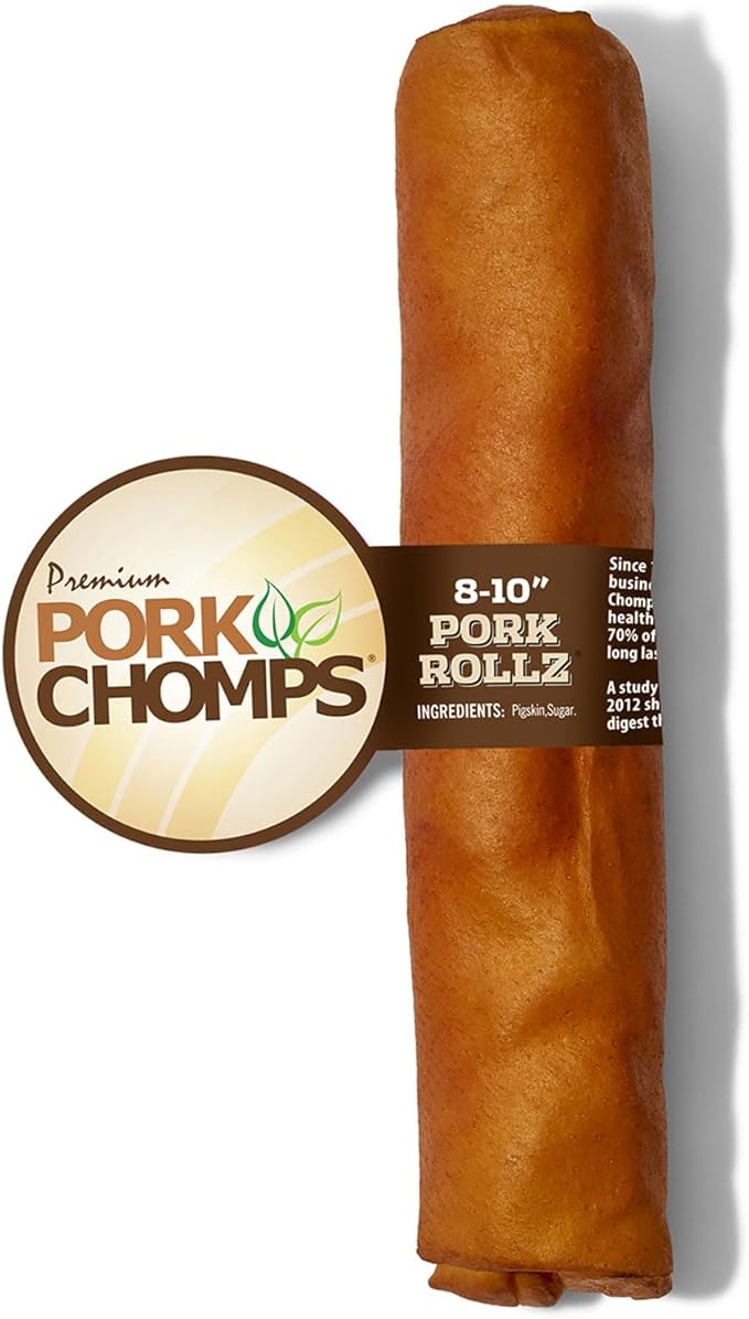 Pork Chomps Roasted Pork Skin Dog Chew, 8 Inch Roll, 1 Count - Long-Lasting Treats for Dogs - High Protein, Rawhide-Free, Low Fat, Healthy & Delicious Chews