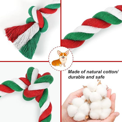 SZEE Dog Rope Toy, 14 in 3 Knots Christmas Dog Chew Toys for Medium and Small Dogs, Pull Toy for Tug of War and Teeth Cleaning (Red & Green)