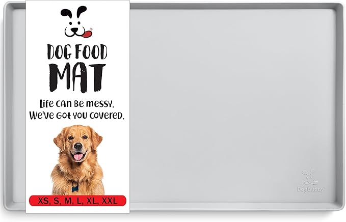 DogBuddy Dog Food Mat – Waterproof Dog Bowl Mat for Food and Water, Silicone Pet Feeding Mats for Floors, Non-Slip Placemat with High Edges for Dogs Bowls, Puppy Essentials (M: 21” x 14”, Mist)