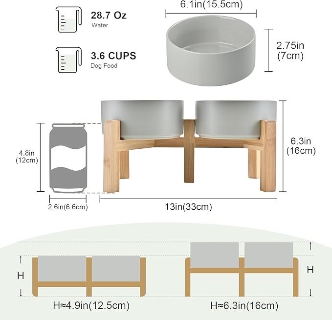 SPUNKYJUNKY Elevated Dog Bowls Ceramic, 6.1'' Dogs and Cat Food Water Bowls Raised with Non-Slip Bamboo Stand for Medium Sized Breed Microwave Dishwasher Safe - 28.7 OZ,Grey
