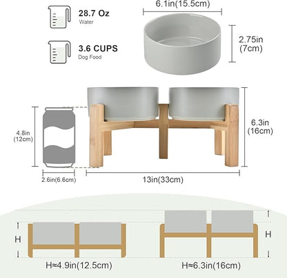 SPUNKYJUNKY Elevated Dog Bowls Ceramic, 6.1'' Dogs and Cat Food Water Bowls Raised with Non-Slip Bamboo Stand for Medium Sized Breed Microwave Dishwasher Safe - 28.7 OZ,Grey