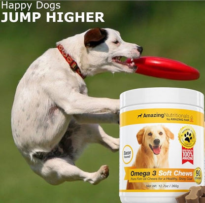 Amazing Omega 3 for Dogs - Omega 3 Fish Oil for Dogs Supplement for Itchy Skin Relief for Dry Skin and Hot Spots and Shedding Coat with EPA and DHA Fatty Acids - 90 Bacon Soft Chews