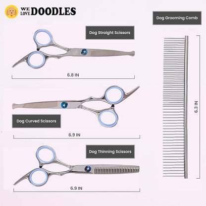 Dog Grooming Scissors Kit with Rounded Blunt Tips, Straight, Curved & Thinning Shears, Tools for Goldendoodles, Poodles & Doodles, Professional Grade Stainless Steel, 4 Pc Set [We Love Doodles]