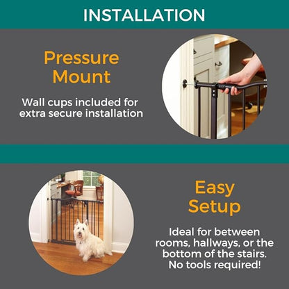MyPet Windsor Arch Hold-Open & Auto-Close Pressure-Mount Pet Gate: Heavy-Duty Steel Gate 28.5in Tall Comes with Two 5in Extensions from 28in to 38in Wide in Matte Bronze