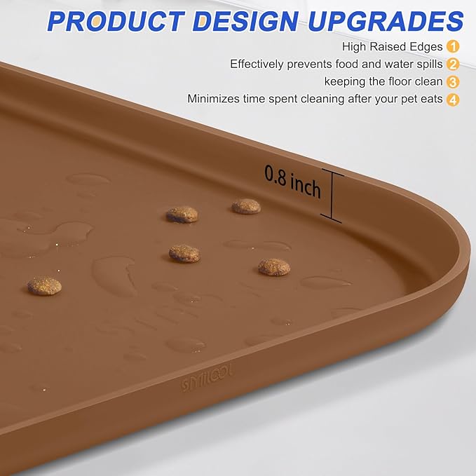 SMILOOL Silicone Pet Feeding Mat with Raised Edge for Food and Water, Dog Bowl Mats, Cat Bowls Placemat with High Lip for Floor Waterproof, Rubber Tray for Cats and Dogs 24 x 16 x0.8 Brown