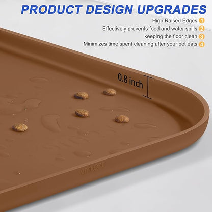 SMILOOL Silicone Pet Feeding Mat with Raised Edge for Food and Water, Dog Bowl Mats, Cat Bowls Placemat with High Lip for Floor Waterproof, Rubber Tray for Cats and Dogs 24 x 16 x0.8 Brown