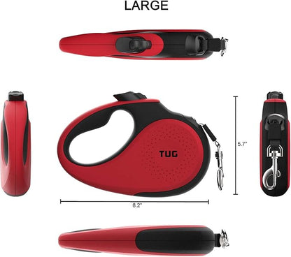 TUG 360° Tangle-Free Retractable Dog Leash with Anti-Slip Handle | 16 ft Strong Nylon Tape | One-Handed Brake, Pause, Lock (Large, Red)
