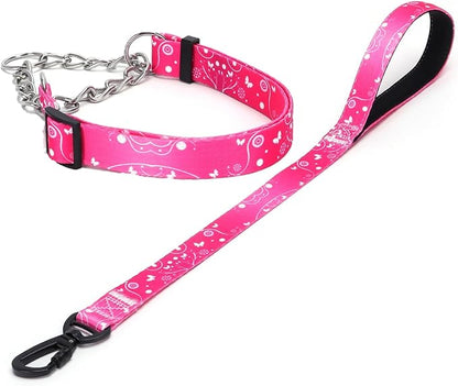 Martingale Dog Collar and Leash Set, Stainless Steel Chain, No Pull Training Collar with Flower Design, for Small, Medium, Large Dogs (NO6, L)