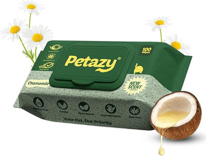 Petazy Dog Wipes for Paws and Butt – 100 Count (8x8in) Hypoallergenic, Deodorizing Pet Wipes for Dogs and Cats | Extra Large, Plant-Based, Chamomile Scented | Travel Size, Single On-the-Go Pack