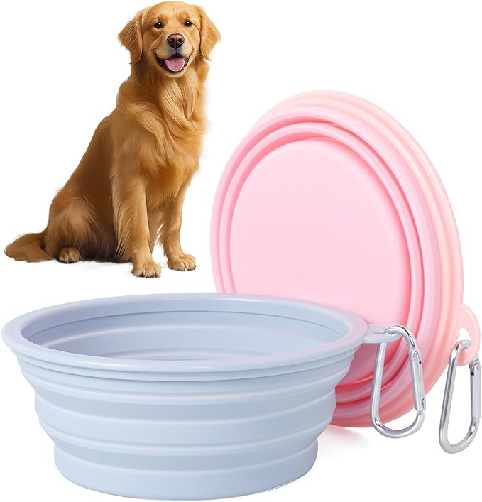 SLSON Collapsible Dog Bowl, 2Pack Macaron Color Pet Travel Bowls Silicone Foldable Water Feeder Dish for Small to Large Dogs Cat Walking Hiking Camping (Macaron Coral and Light Grey, Large)