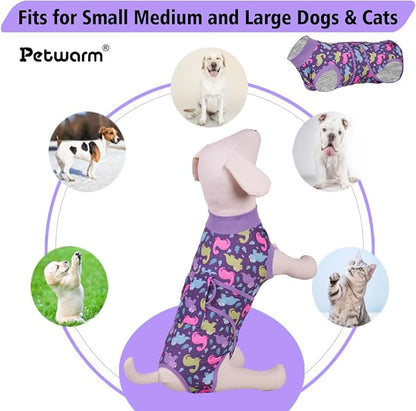 PetWarm Dog Surgery Suit, Surgical Recovery Suit for Dogs, Substitute E-Collar and Cone, Anti-Licking Pet Recovery Suit for Dogs, Dog Bodysuit, Dinosaur Pattern, Purple, L