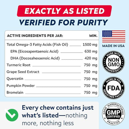 STRELLALAB Dog Allergy Relief & Anti Itch Support Chews w/Omega 3: Real Ingredients, Real Taste! Skin & Coat Immune w/Fish Oil, Pumpkin & Enzymes — Developed by Experts - Made in USA - 60Ct