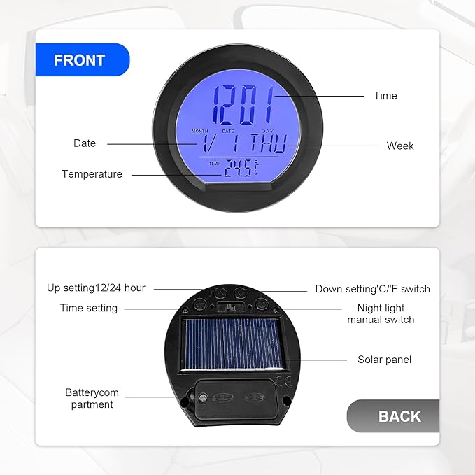 Car Digital Thermometer Clock, Dashboard Adhesive LCD Display Watch with Automatic Backlight at Night, Fahrenheit Temperature Display 24 Hour Format Time Clock for Car Home Office