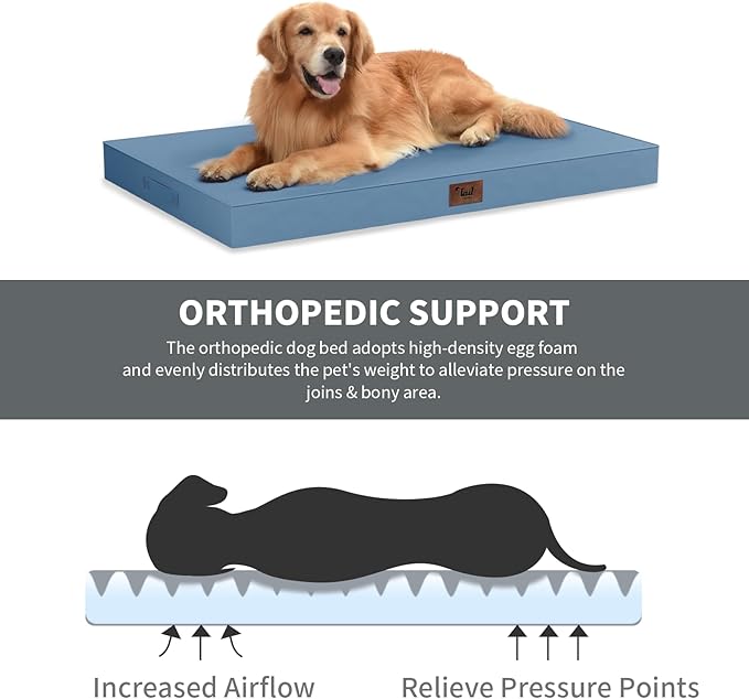Outdoor Extra Large Dog Crate Bed, XXL Waterproof Dog Bed for Giant Breeds Dogs, 47x29 Inch Orthopedic Egg Crate Foam Pet Mat with Removable Cooling Cover, Blue