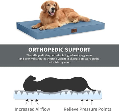Outdoor Dog Bed for Small Dogs & Cats, Waterproof Dog Crate Mat Orthopedic Egg Crate Foam with Washable Removable Oxford Cover, Blue