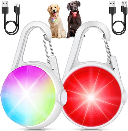 2 Pack Dog Collar Light, 4 Modes Clip On Dog Lights for Night Walking, Glow in the Dark LED Pet Collar Charm, Rechargeable Pet Camping Essentials for Nighttime Running, Cycling, Hiking(White)