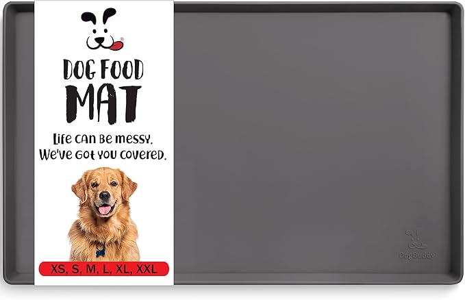 DogBuddy Dog Food Mat – Waterproof Dog Bowl Mat for Food and Water, Silicone Pet Feeding Mats for Floors, Non-Slip Placemat with High Edges for Dogs Bowls, Puppy Essentials (Small: 19"x12", Shadow)