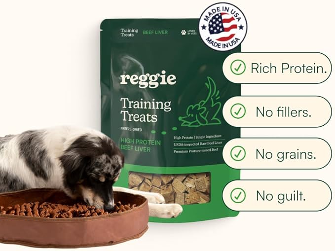 Reggie Freeze-Dried Beef Liver Treats Single Ingredient Dog Treats, High Protein Training Treats or Meal Topper for All Dogs, USDA-Inspected Beef Liver, Grain-Free, Gluten-Free, USA Made | 4OZ