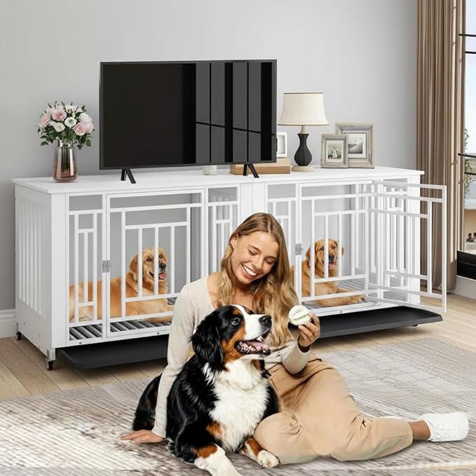 DWVO Double Dog Crate Furniture for 2 Large Medium Dogs, 76 Inch Heavy Duty Dog Kennel Indoor TV Stand with Wheels, Decorative Wooden Dogs Cage Table with Removable Tray, Chew-Resistant, White