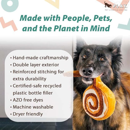 P.L.A.Y. Cute Plush Dog Toys - Coffee Shop Food Themed Durable Squeaker Chew Toy, Great for Puppies & Small, Medium, Large Dog Breeds - Machine Washable, Recycled Materials (Pup Cup Cafe Cinna-bone)
