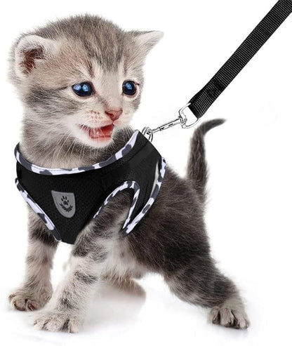FEimaX Dog Harness and Leash Set for Walking, Soft Mesh Adjustable Easy Control Lightweight Cat Vest Harnesses with Reflective Strips, Escape Proof Small Dogs Cats Vests (Cowblack, Large)