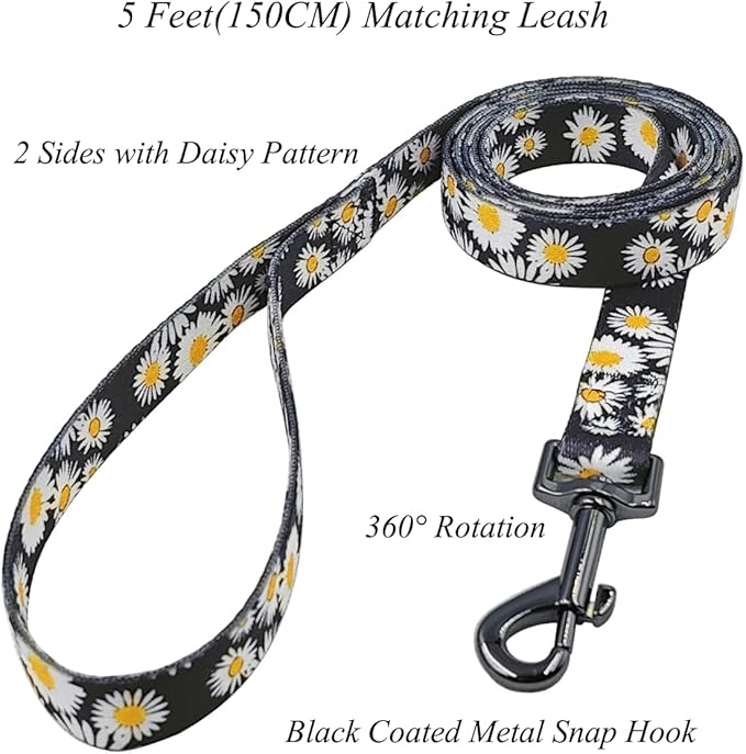 Dog Collar and Leash Set, Cute Daisy Pattern, Polyester Material, 5ft Leash, for Small Dogs.(Small,Black Daisy)