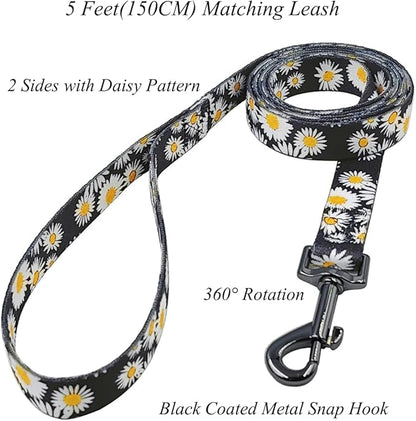Dog Collar and Leash Set, Cute Daisy Pattern, Polyester Material, 5ft Leash, for Puppy Dogs.(Extra Small,Black Daisy)