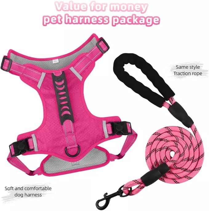 Dog Harness No Pull Adjustable Reflective,for Medium and Large Small Dog with Leash 59.06in (Fuscia, S)