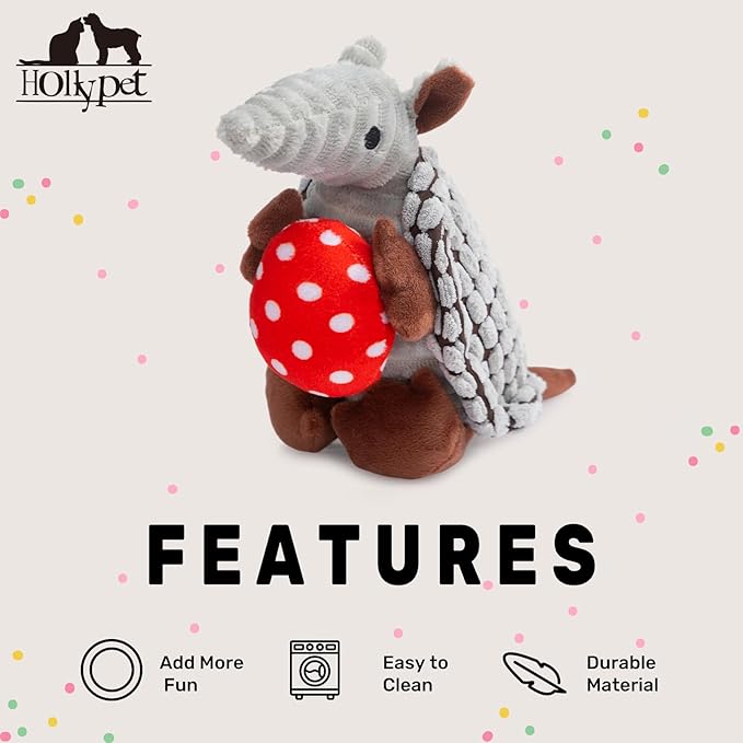 Hollypet Plush Dog Squeaky Toy Stuffed Armadillo Animal Pet Puppy Chew Toys with Clean Teeth for Small Medium Large All Breed Sizes Dogs, Gray, 8 in, Red Eggs with White Dots