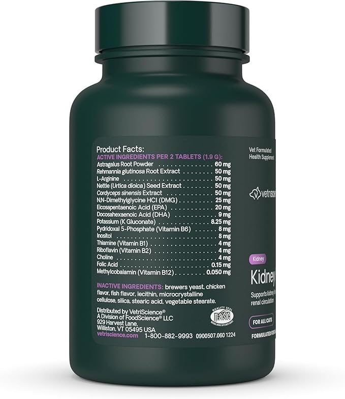 VetriScience Kidney Health Chewable Tablets, Renal Essentials Supplement for Cats, Kidney Care and Support with Mushroom, Astragalus Root, Nettle Seed and Herbs, Chicken and Fish, 60 Count