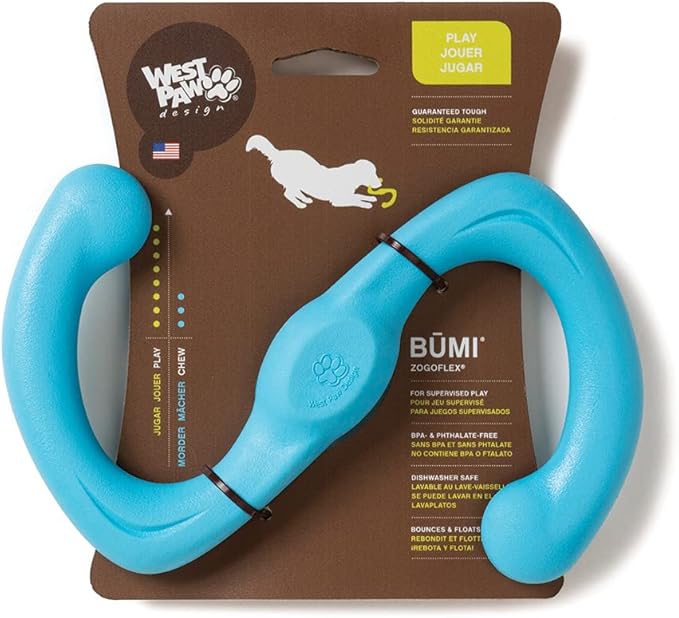 WEST PAW Zogoflex Bumi Dog Tug Toy – S-Shaped, Lightweight Chew Toys for Fetch, Play, Pet Exercise – Tug of War Soft Flinging Squishy Chewy Toy for Dogs – Guaranteed, Latex-Free, Small 8", Aqua Blue