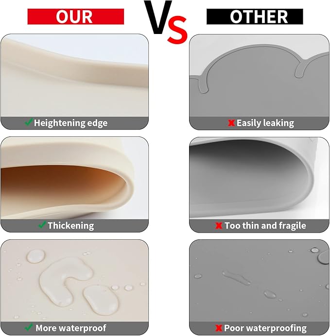 Ptlom Silicone Pet Feeding Mat for Dogs and Cats, High-Lips Pet Placemat Non-Slip Waterproof Bowl Mats Prevent Food and Water Overflow, Puppy Dish Tray Mat Suitable for Small Medium Large Pets, Beige
