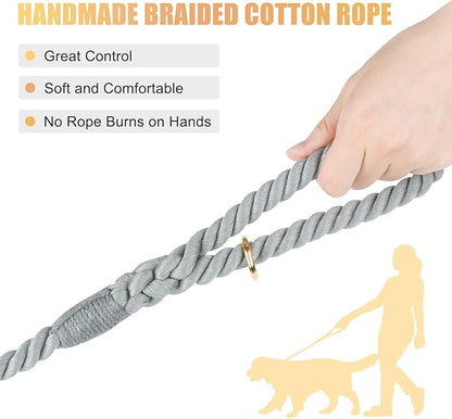 Dog Leash 6 FT Handmade Braided Cotton Rope Leashes for Small Medium and Large Dogs, New Golden Heavy Duty Metal Clasp, Grey