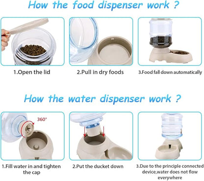 2 Pack Automatic Cat Feeder and Water Dispenser in Set Pet Food Bowl for Small Medium Dog Pets Puppy Kitten Big Capacity 1 Gallon x 2 (Cream)
