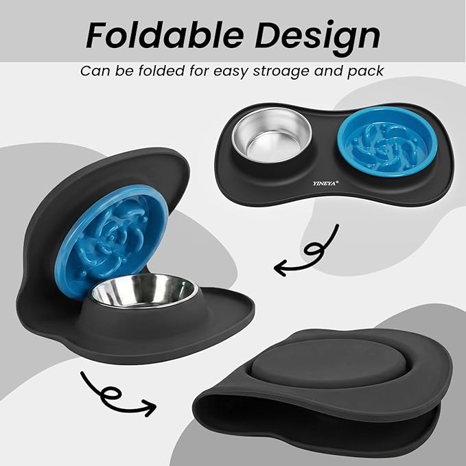 YINEYA Slow Feeder Dog Bowls Stainless Steel Food and Water Bowl Set 3 in 1 No Spill Waterproof Silicone Pet Food Mat Puppy Feeding Station for Large Medium Small Breed Non Slip Metal Dish Tray