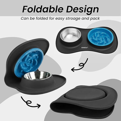YINEYA Slow Feeder Dog Bowls Stainless Steel Food and Water Bowl Set 3 in 1 No Spill Waterproof Silicone Pet Food Mat Puppy Feeding Station for Large Medium Small Breed Non Slip Metal Dish Tray