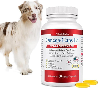 Omega Caps ES Extra Strength for Large and Giant Dogs Omega-3 and Omega-6 Fatty Acid Antioxidant Supplement Vet Formulated Made in USA Skin Coat Joint Heart and Immune Health 60 Softgel Capsules
