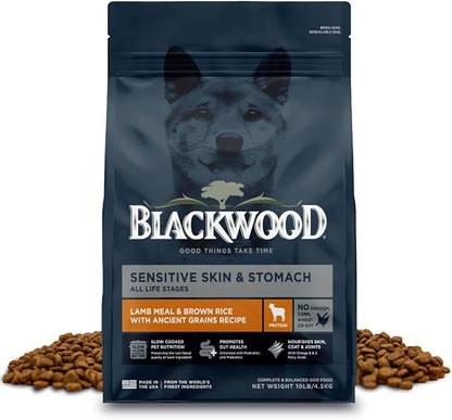 Blackwood Sensitive Skin & Stomach Dry Dog Food, Lamb Meal & Brown Rice with Ancient Grains, 10 Pound Bag with Prebiotics & Probiotics to Promote Gut Health