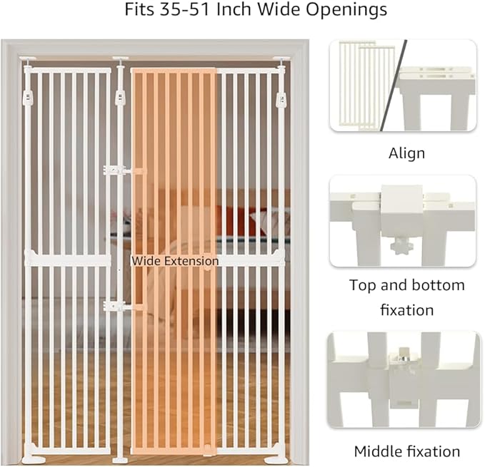 unipaws 75" High Extra Tall Cat Gate, Auto Closing and No Drilling Safety Gate for Doorway Hallway Stairs, Cat Dog Proof, Fit for 35"-51" Wide Opening, Indoor Use, White