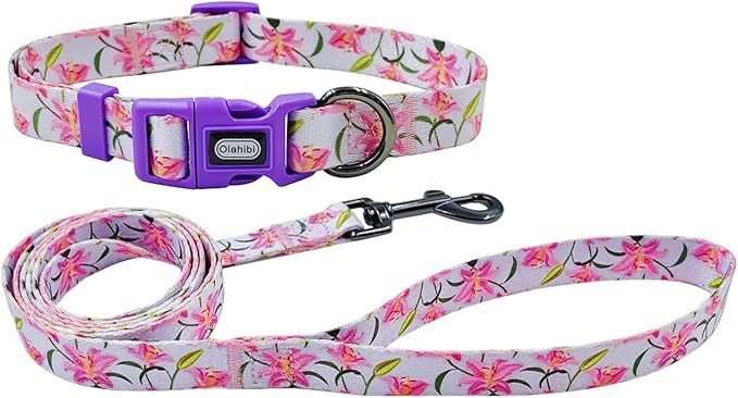 Dog Collar Leash Set, Floral Pattern, Polyester Material, Adjustable Collar and 5ft Matchcing Leash, for Large Dogs.(L, Purple Lily)